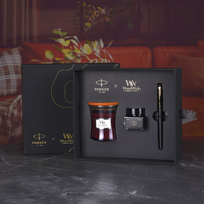 XL de nivel de entrada Black Gold Ink Pen WoodWick Aromaterapia Set de regalo negro para el aniversario