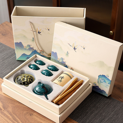Elegante conjunto de té chino Celadon Shih Tzu Pot con 4 tazas y quemador de incienso de sándalo