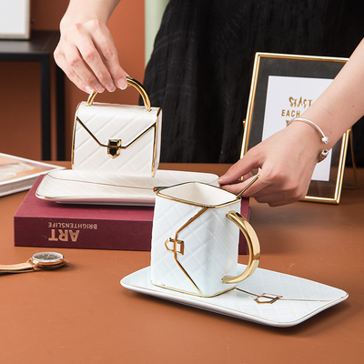 Bolso Lingge Cerámica Taza y Plato Conjunto Dorado Pintado Taza de Café Personalizable Regalo Único