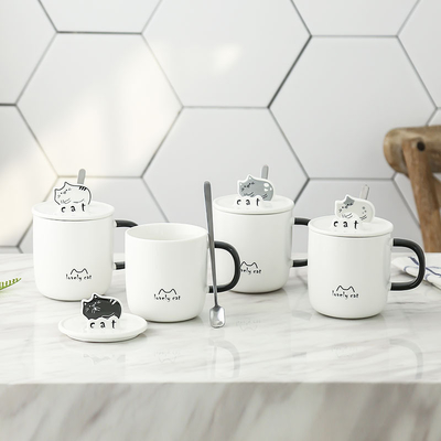 Idea de regalo para empleados Copo de agua de gato de dibujos animados con tapa de cuchara de cerámica y porta teléfono
