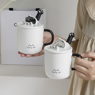 Idea de regalo para empleados Copo de agua de gato de dibujos animados con tapa de cuchara de cerámica y porta teléfono