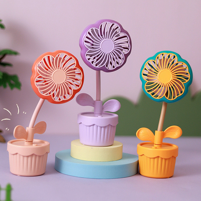 Productos de oficina ventilador de plantas en maceta recargable en dibujos animados con diseño de flores para el verano