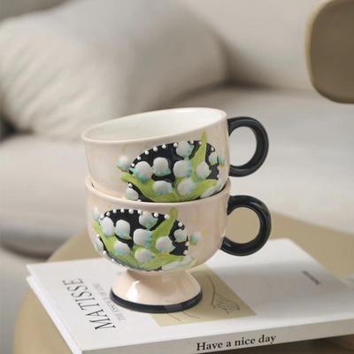 Antiguo lirio del valle pintado a mano taza de café de cerámica perfecta para regalos de negocios