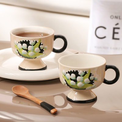 Antiguo lirio del valle pintado a mano taza de café de cerámica perfecta para regalos de negocios