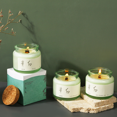 2 Impresión gráfica a color en corcho de madera copa verde vela de aromaterapia para evento de nicho