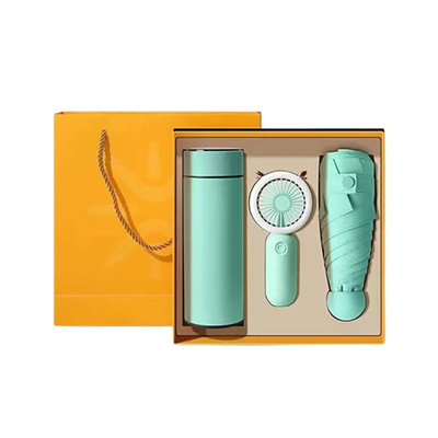 Presentación Conjunto de regalos ventilador sombrilla y taza de termo perfecto para actividades de verano