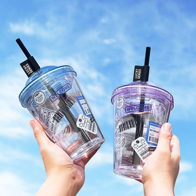 Taza de paja de Instagram de alta belleza de plástico creativo de doble capa Taza de agua para regalo de verano