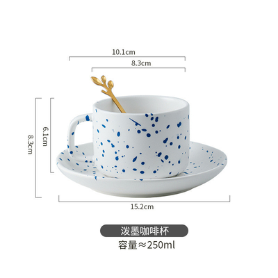 Exquisita taza de café de cerámica de flores Klein azul y plato conjunto para la impresión de logotipos personalizados