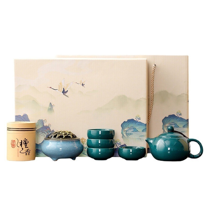 Elegante conjunto de té chino Celadon Shih Tzu Pot con 4 tazas y quemador de incienso de sándalo