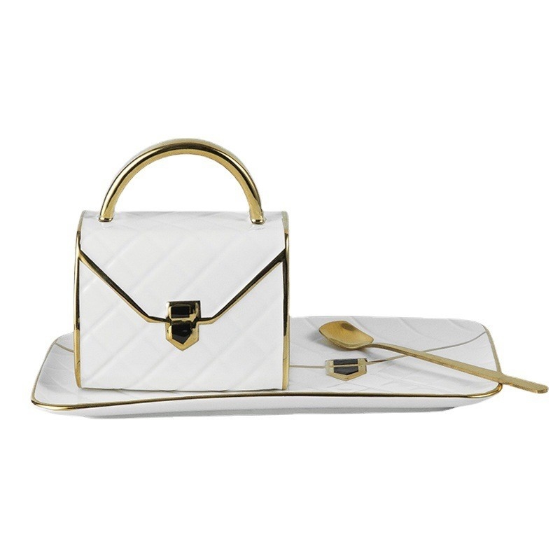Bolso Lingge Cerámica Taza y Plato Conjunto Dorado Pintado Taza de Café Personalizable Regalo Único