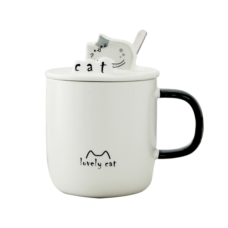 Idea de regalo para empleados Copo de agua de gato de dibujos animados con tapa de cuchara de cerámica y porta teléfono