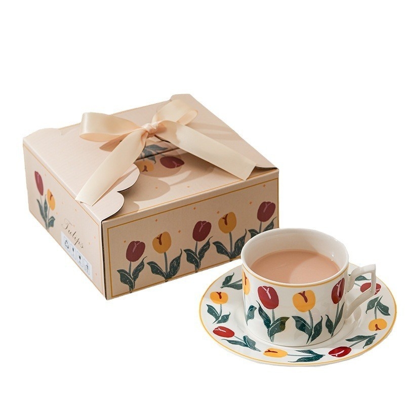 Regalo para el Día de la Madre Set de tazas y platos de café de tulipanes dibujados a mano con alto valor estético