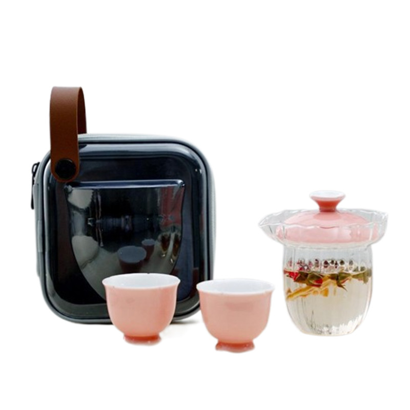 Hotel y Resort Sakura Set de té de viaje de vidrio rosa Bolsa de té portátil Una olla Dos tazas Regalos de recuerdo del Día de la Diosa
