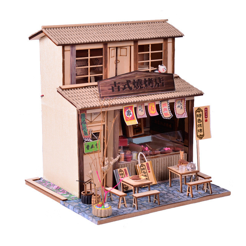 Hotel y resort estilo chino retro bricolaje tienda de barbacoa modelo de montaje ático regalos hechos a mano creativos