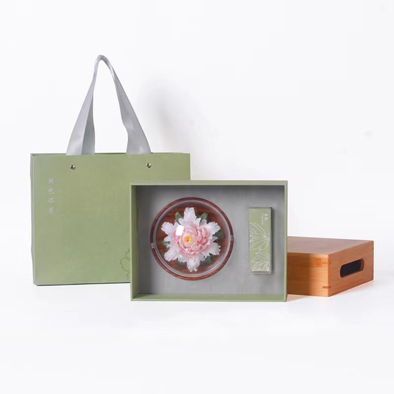 1 Impresión a color Conjunto de punto de flores de cerámica con bandeja de bambú y caja de regalo de bolso