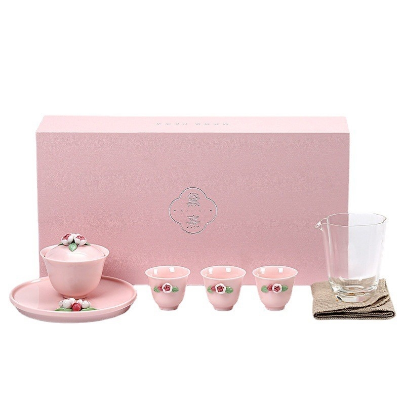 Hermoso juego de té de cerámica rosa regalo ideal para mujeres durante el festival de la diosa