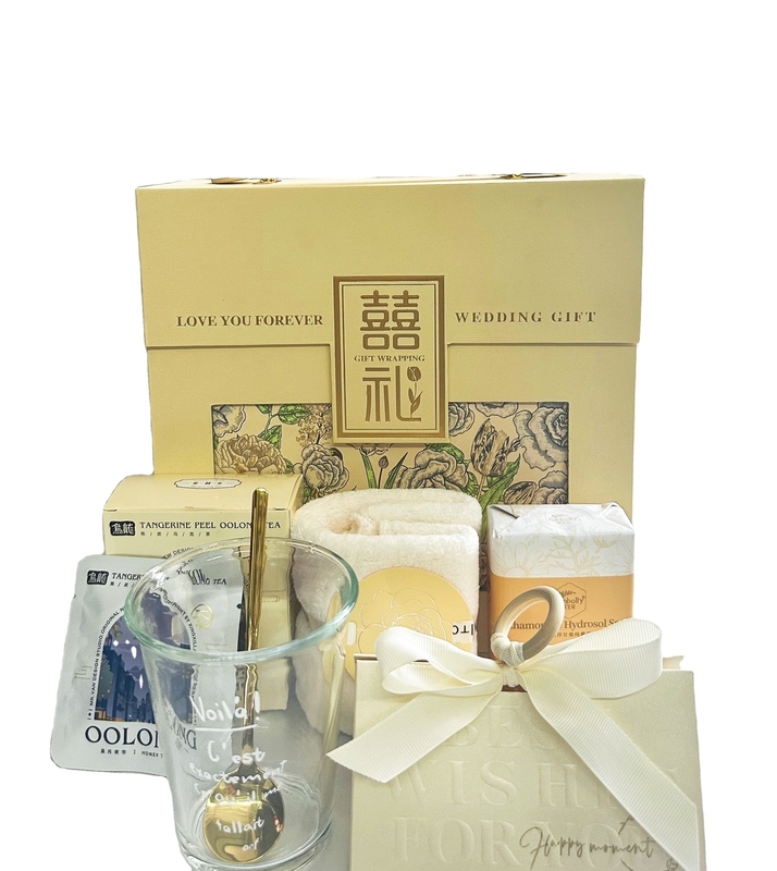 Conjunto de regalos personalizados para bodas Toallas, jabón, taza de agua, té oolong y una caja de caramelos creativa